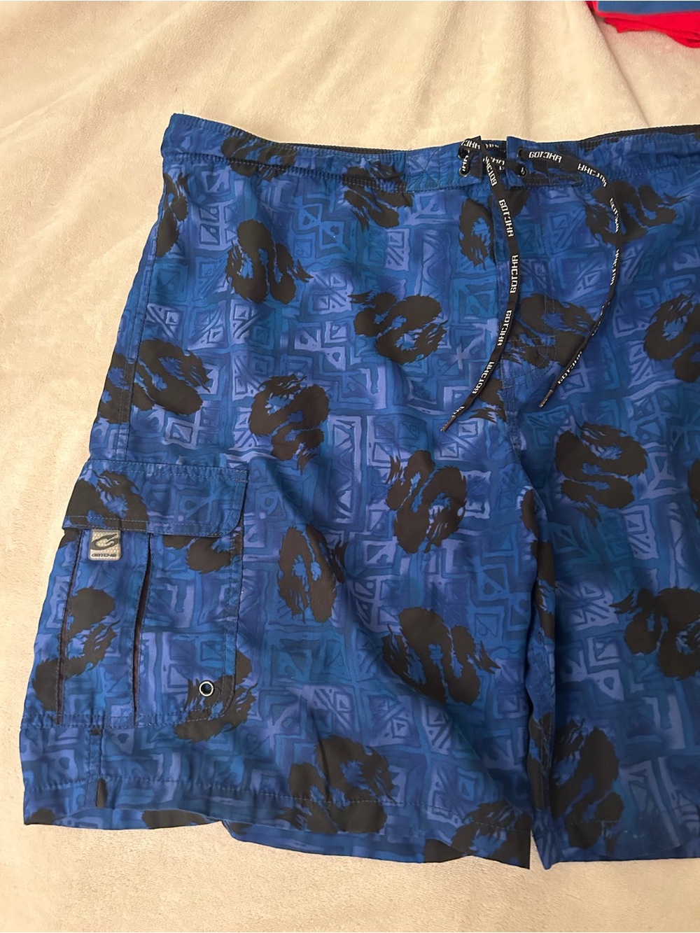 Men's Blue Patterned Swim Board Shorts with Black Print - Picture 3 of 6